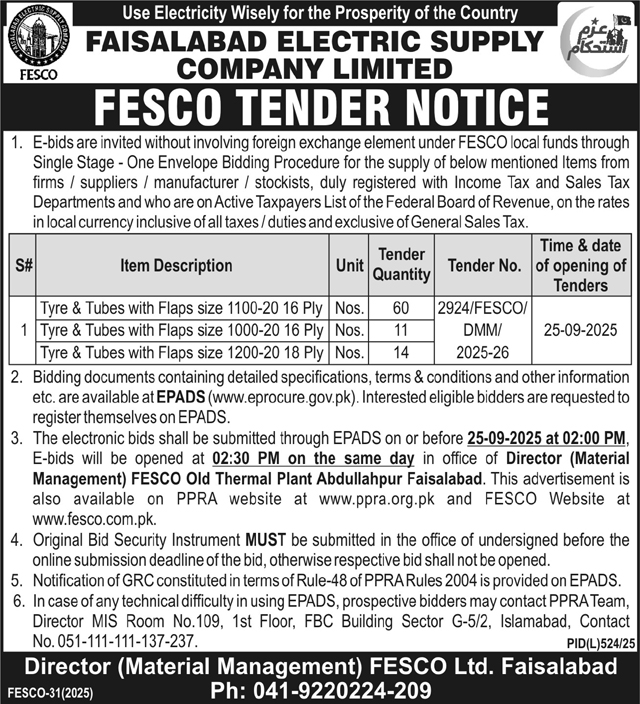 FESCO Faisalabad Tender Notice